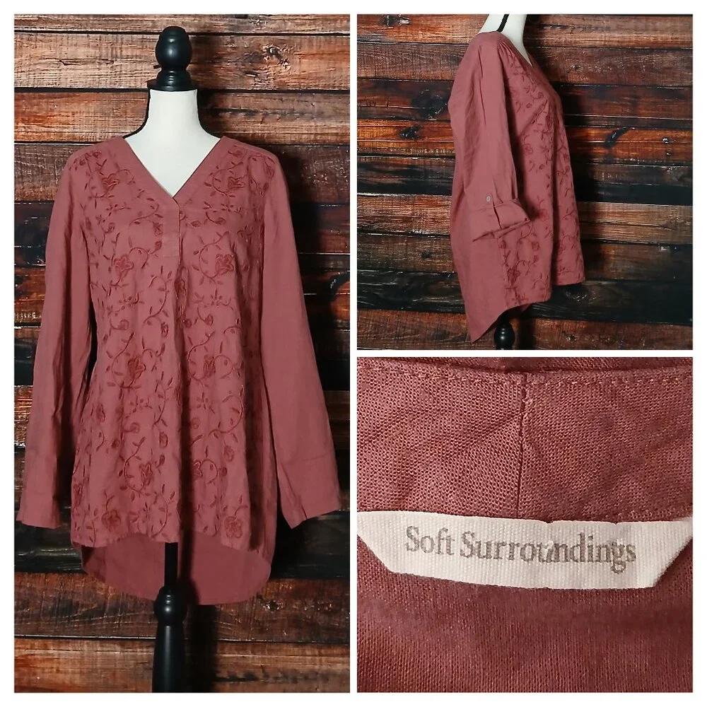 Soft Surroundings Tunic Top M Linen Blend Embroidered - Picture 1 of 8